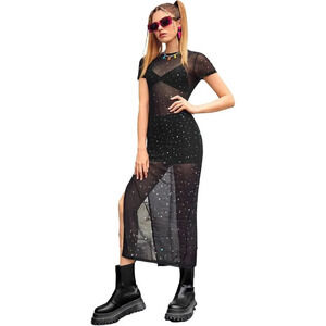 Women's Black Split Thigh Sheer Mesh Short Sleeve Long Bodycon Dress